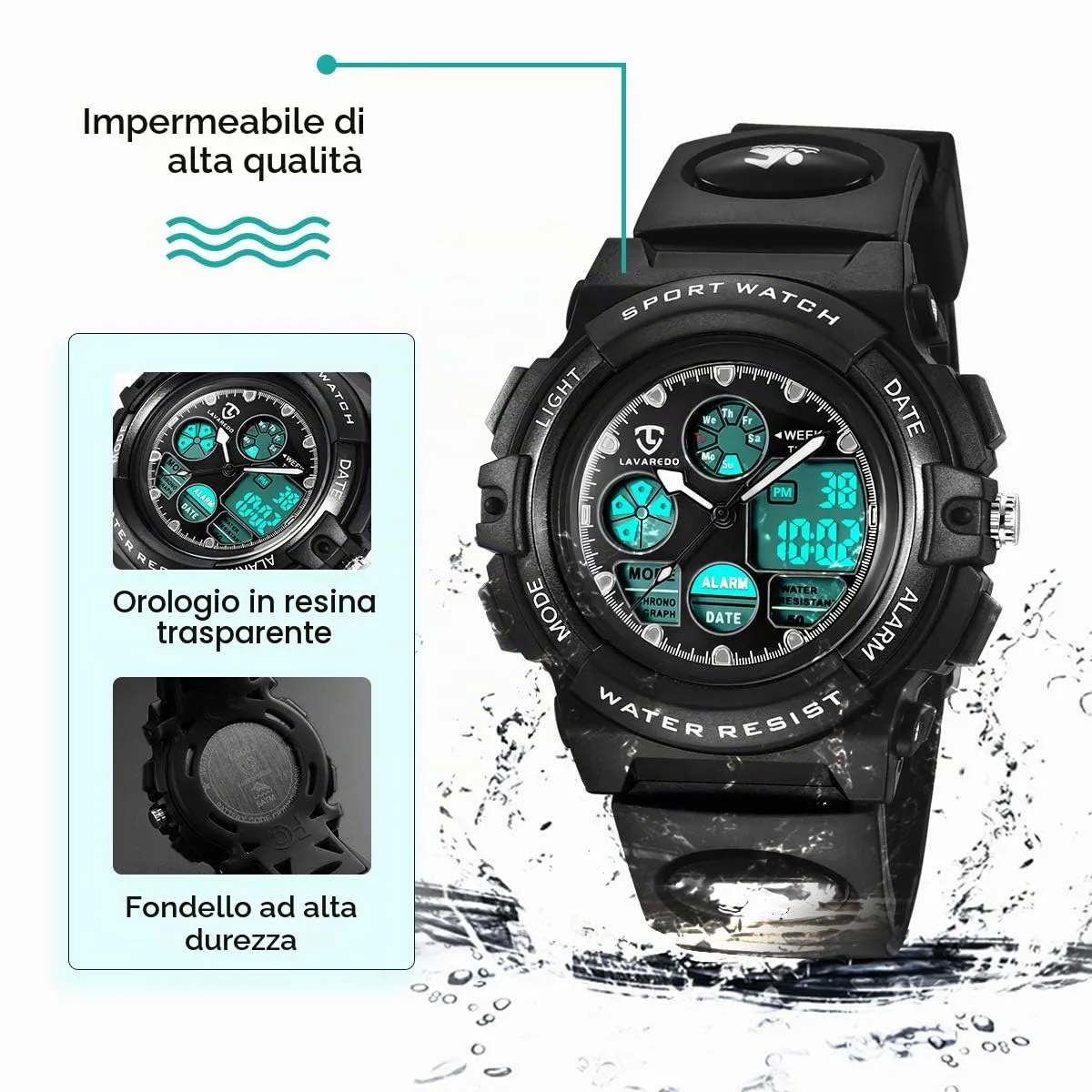 aswan watch Orologio Digitale Multifunzione Bambini Impermeabile Luce LED L6601-Black - immagine 4