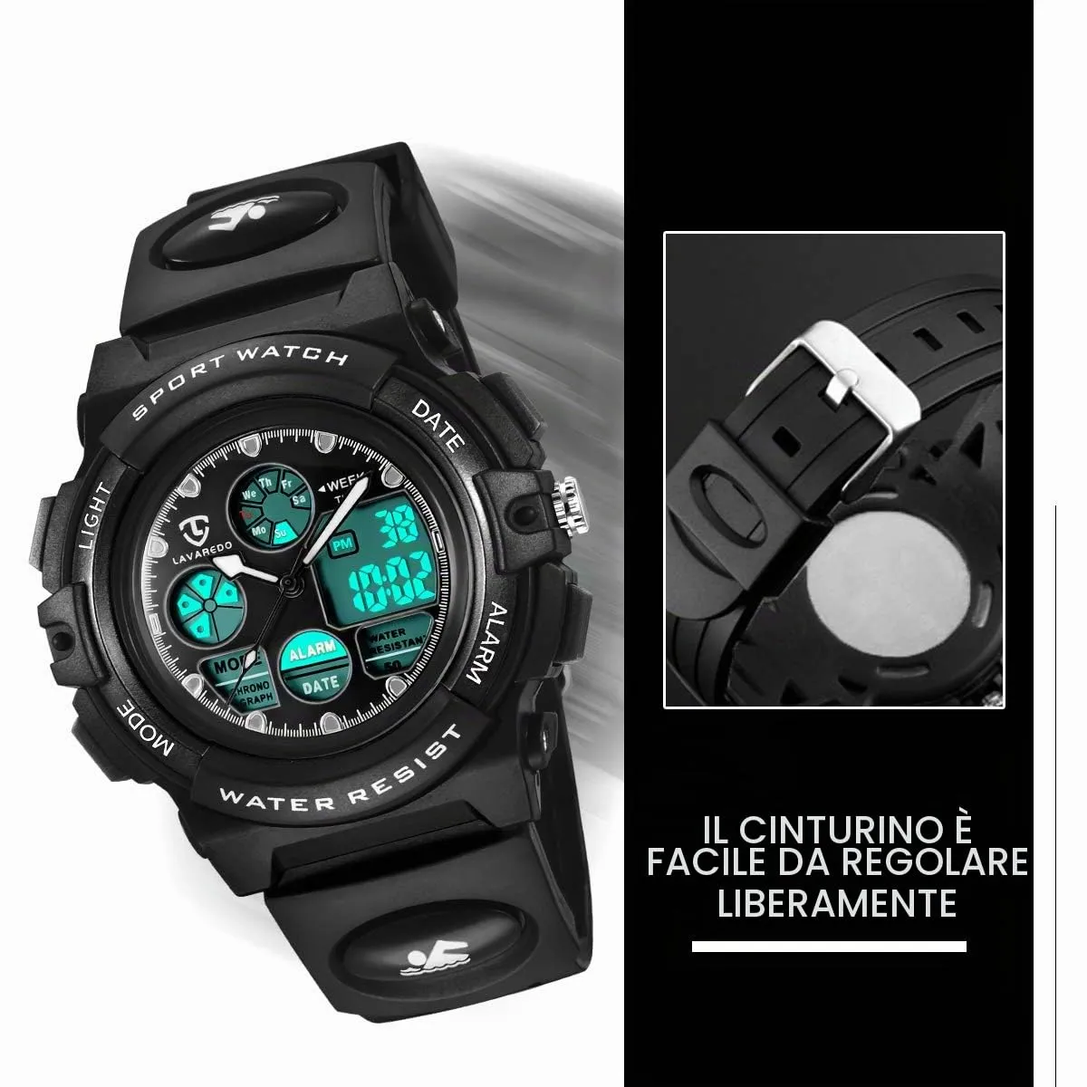 aswan watch Orologio Digitale Multifunzione Bambini Impermeabile Luce LED L6601-Black - immagine 5