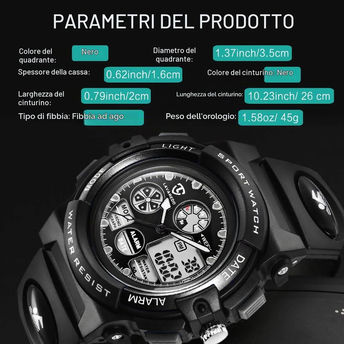 aswan watch Orologio Digitale Multifunzione Bambini Impermeabile Luce LED L6601-Black - immagine 7