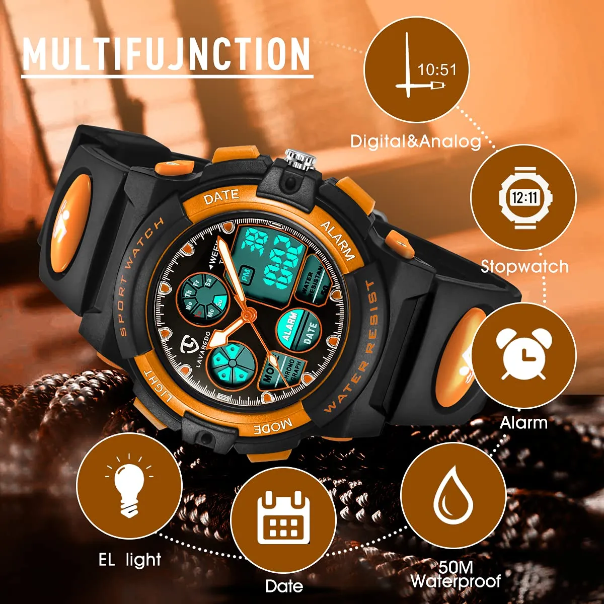 aswan watch Orologio Digitale Multifunzione per Bambini, Impermeabile, Luce LED L6601-Orange - immagine 3
