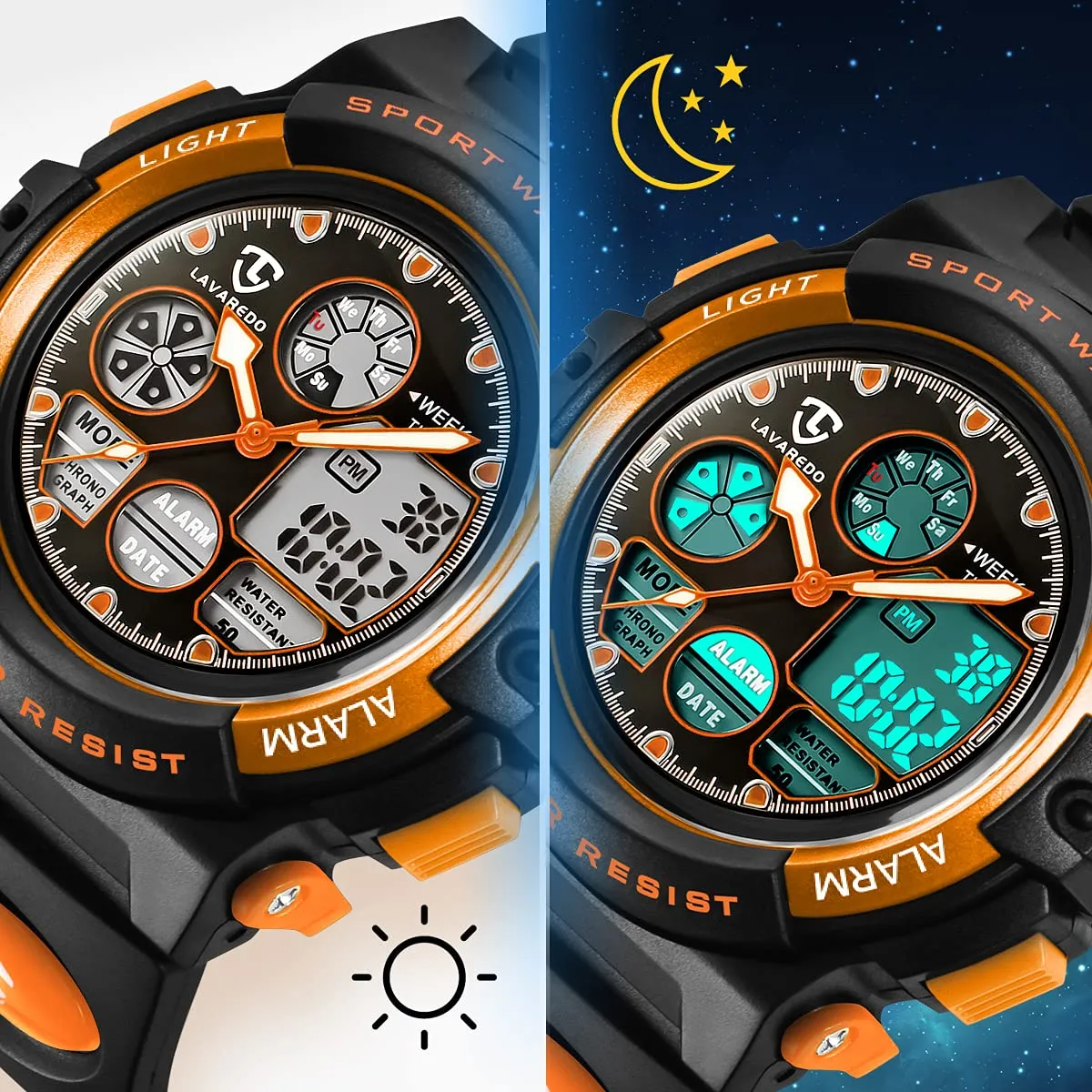 aswan watch Orologio Digitale Multifunzione per Bambini, Impermeabile, Luce LED L6601-Orange - immagine 5