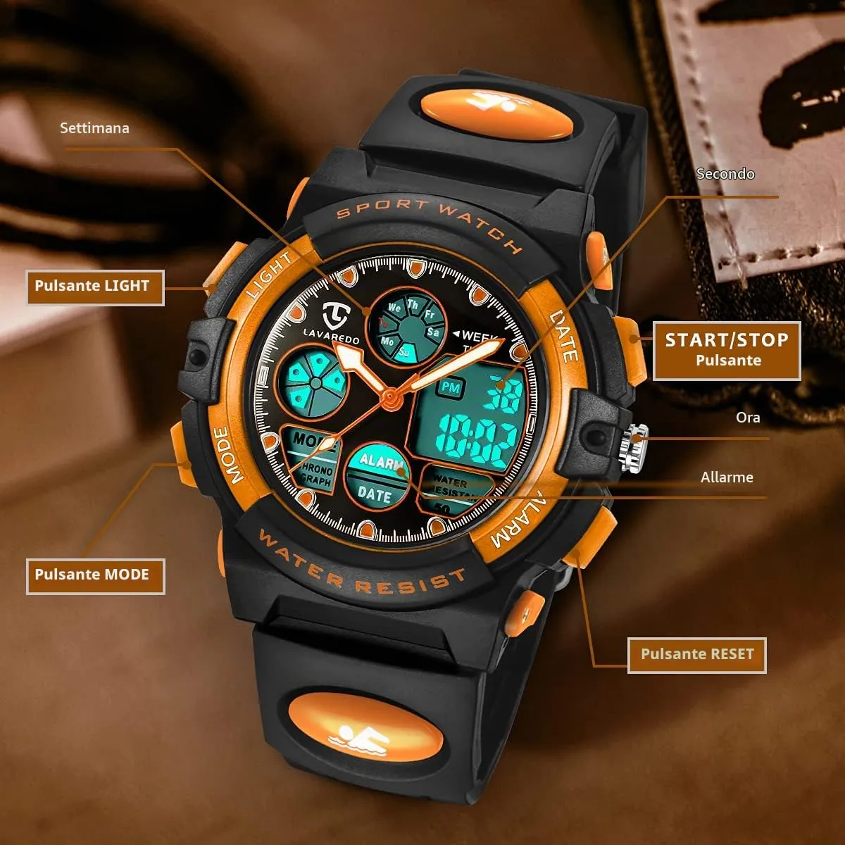aswan watch Orologio Digitale Multifunzione per Bambini, Impermeabile, Luce LED L6601-Orange - immagine 6