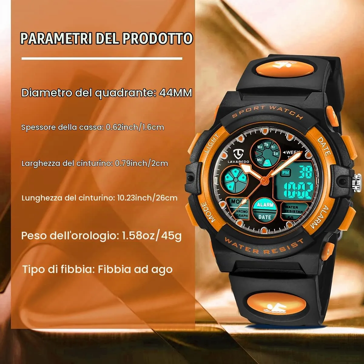 aswan watch Orologio Digitale Multifunzione per Bambini, Impermeabile, Luce LED L6601-Orange - immagine 7