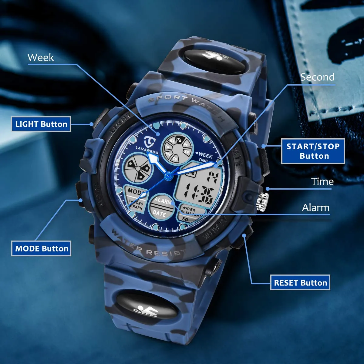 aswan watch Orologio Digitale Multifunzione per Bambini Impermeabile con Luce LED L6601-ArmyDarkBlue - immagine 2