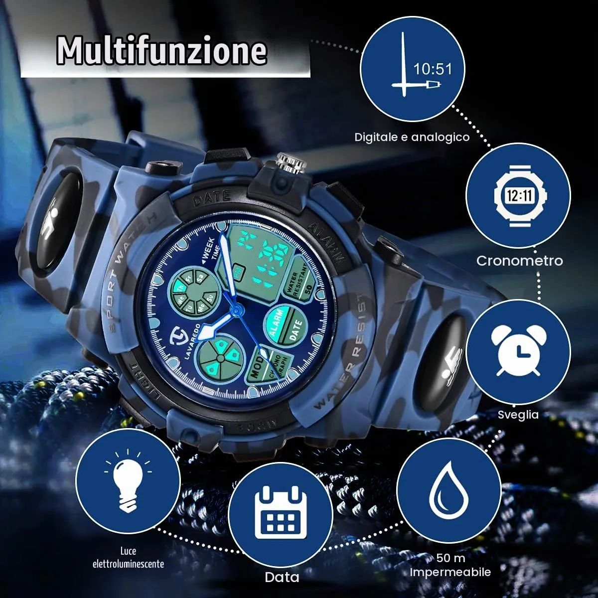 aswan watch Orologio Digitale Multifunzione per Bambini Impermeabile con Luce LED L6601-ArmyDarkBlue - immagine 3