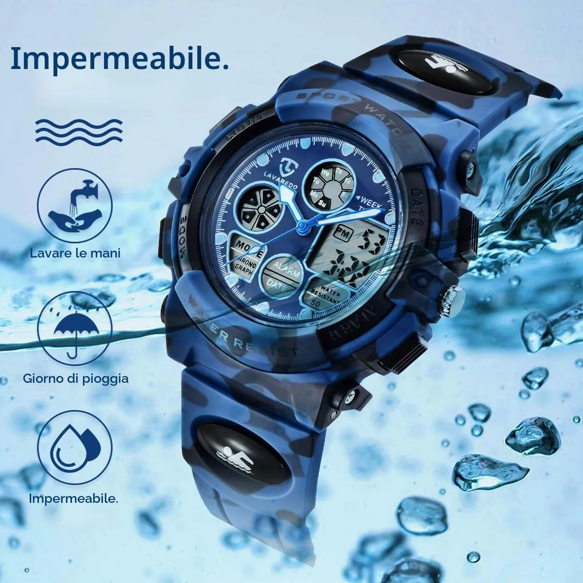 aswan watch Orologio Digitale Multifunzione per Bambini Impermeabile con Luce LED L6601-ArmyDarkBlue - immagine 4