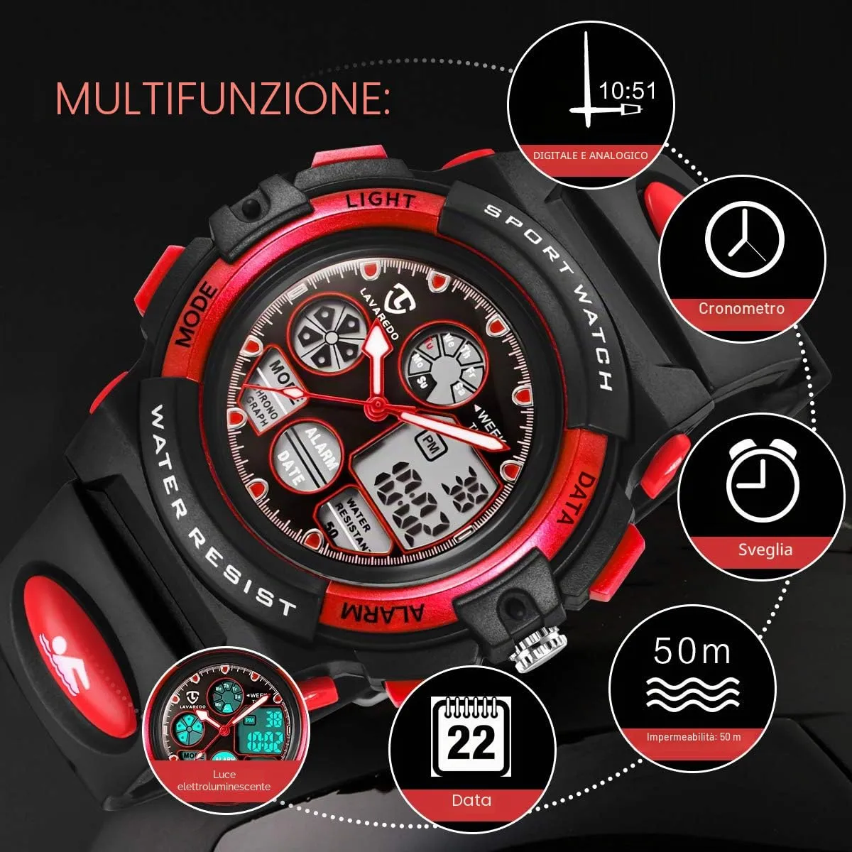 aswan watch Orologio Digitale Multifunzione per Bambini Impermeabile con Luce LED SKM1163 - immagine 3