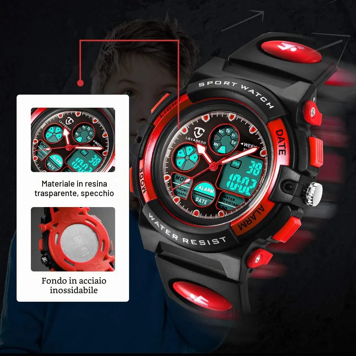 aswan watch Orologio Digitale Multifunzione per Bambini Impermeabile con Luce LED SKM1163 - immagine 4
