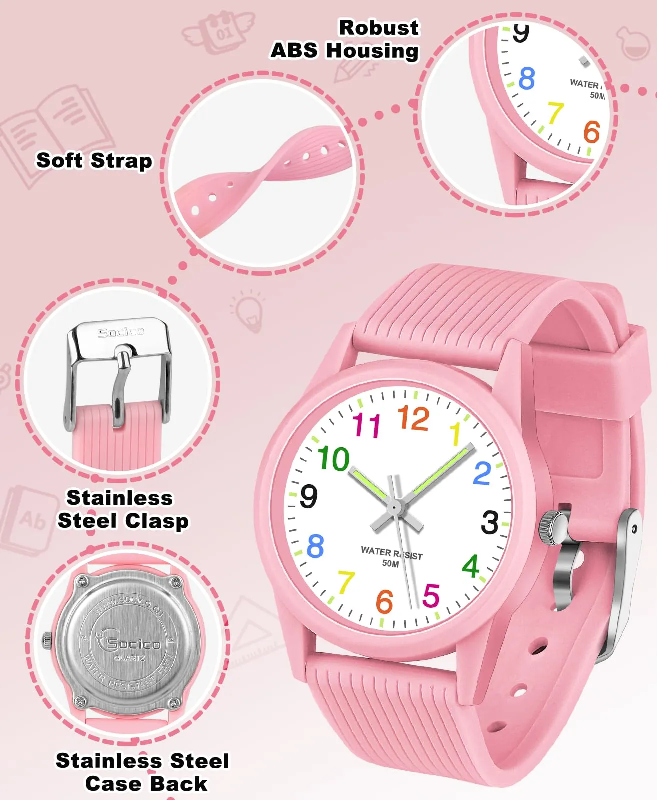 SOCICO Orologio Analogico per Bambini 4-12 Anni, 50m Impermeabile, SOCI-6088 - immagine 4
