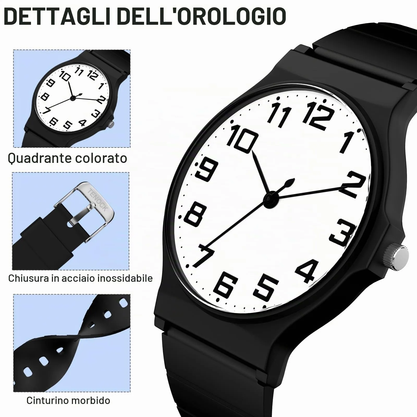 SOCICO Orologio Analogico Sportivo per Bambini 5-15 Anni, Resistente all'Acqua 30m, Bianco e Nero - immagine 3