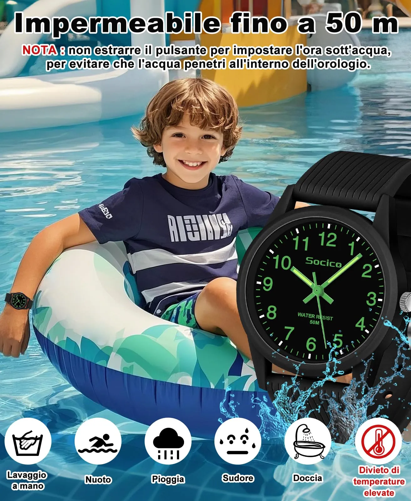 SOCICO Orologio analogico per bambini 4-12 anni, 50m impermeabile - immagine 2