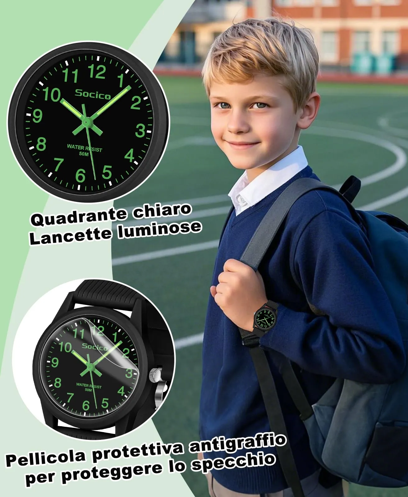 SOCICO Orologio analogico per bambini 4-12 anni, 50m impermeabile - immagine 4