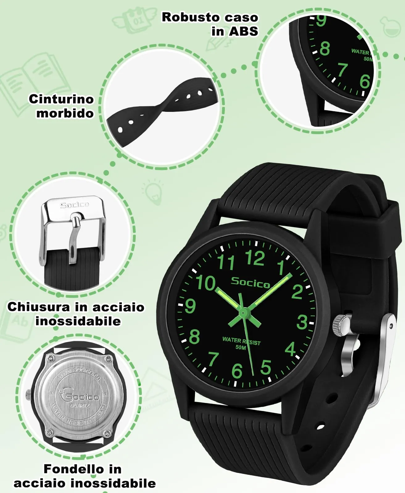 SOCICO Orologio analogico per bambini 4-12 anni, 50m impermeabile - immagine 5