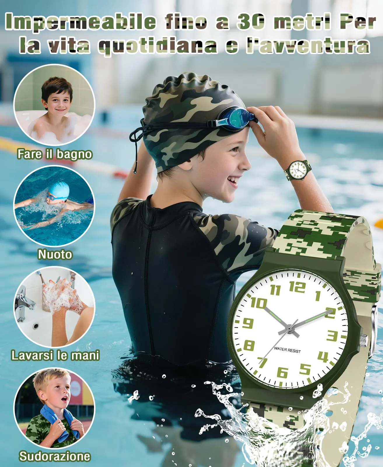 SOCICO Orologio Analogico Sportivo per Bambini 5-15 Anni, Resistente all'Acqua 30M, Mosaico Mimetico - immagine 2