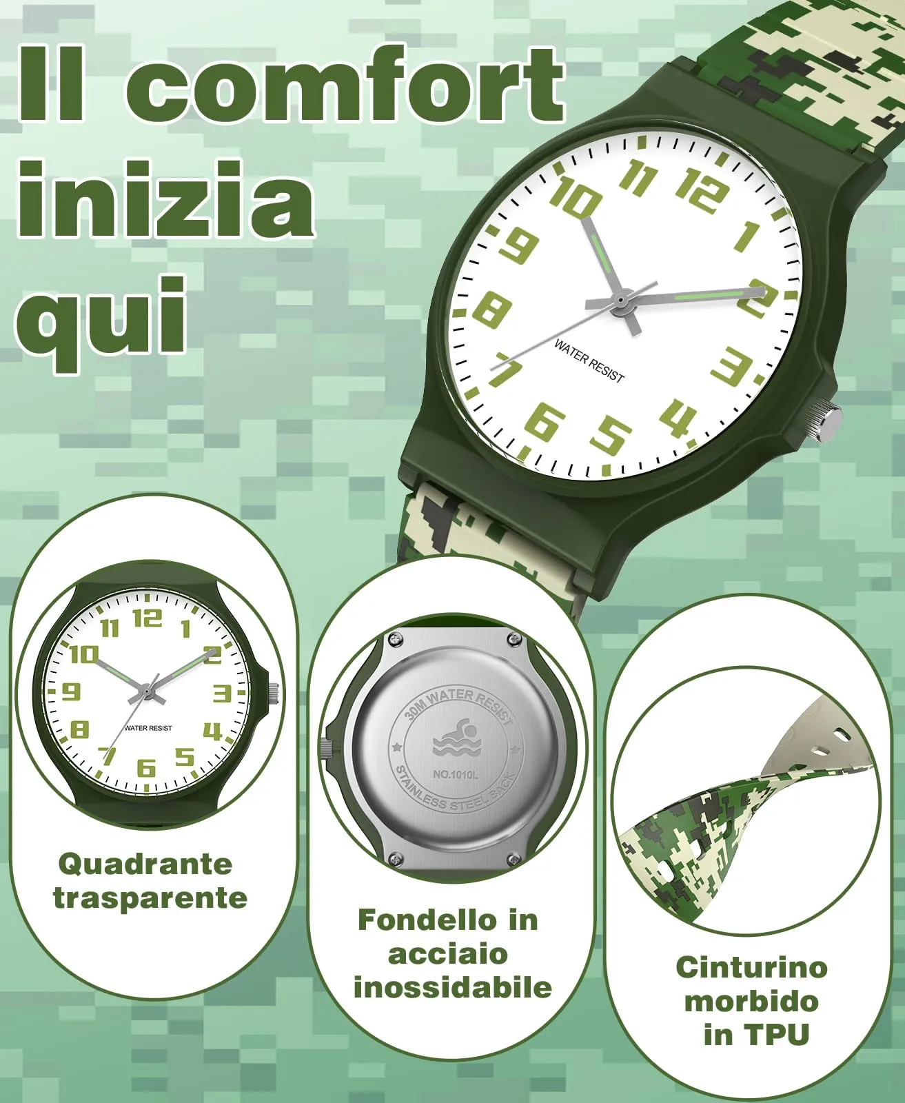 SOCICO Orologio Analogico Sportivo per Bambini 5-15 Anni, Resistente all'Acqua 30M, Mosaico Mimetico - immagine 4