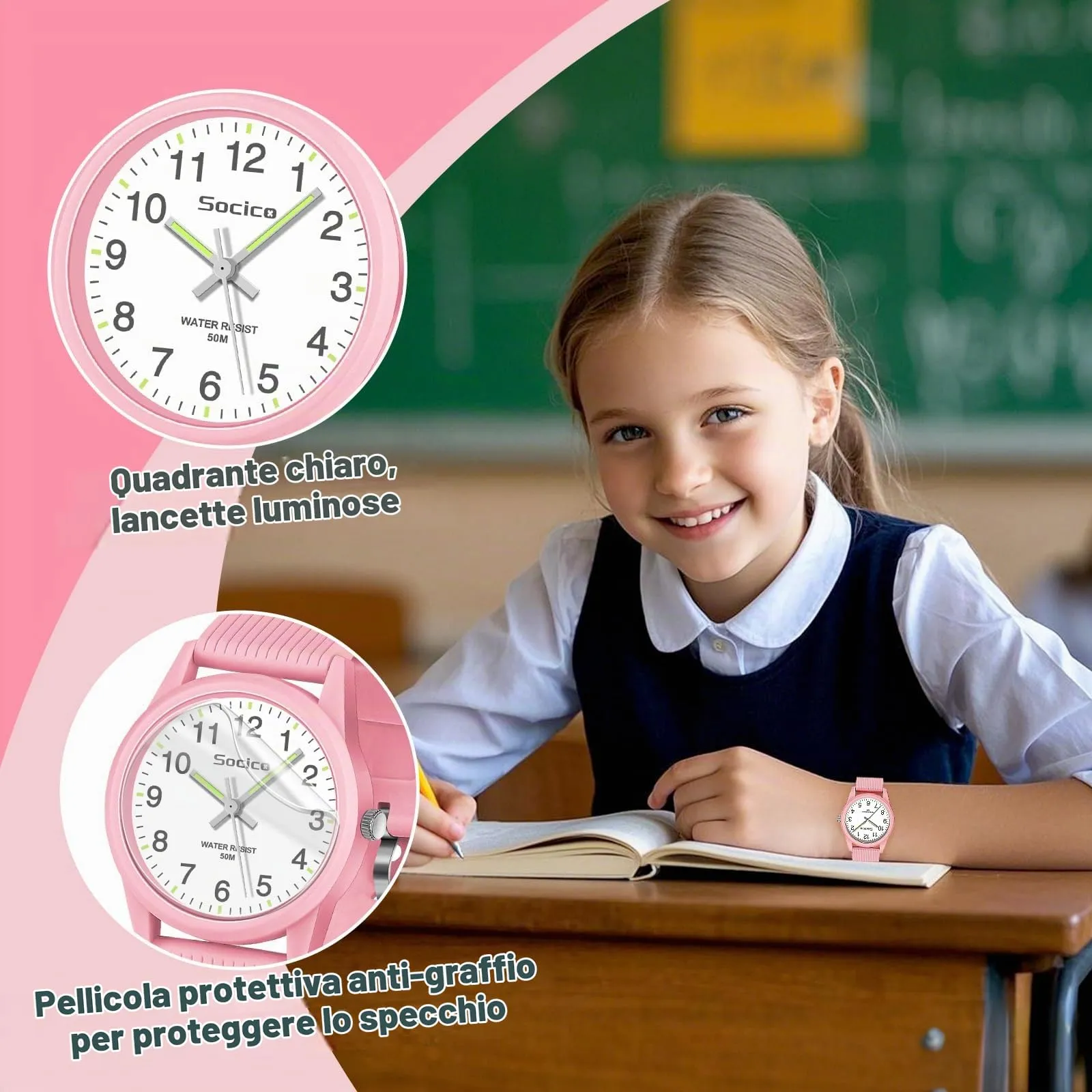 SOCICO Orologio Analogico per Bambini 4-12 Anni, Impermeabile 50m, Sakura Rose - immagine 3