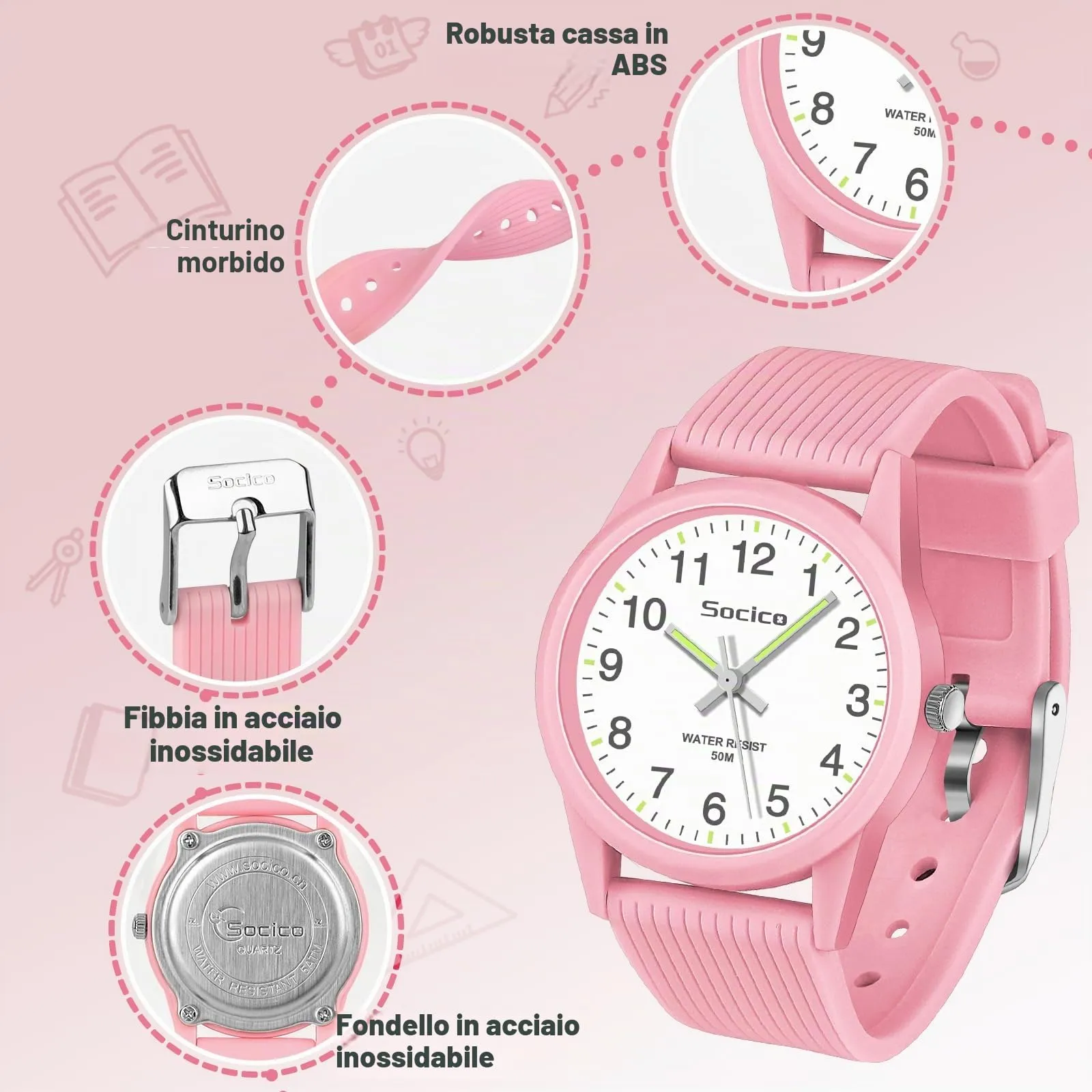 SOCICO Orologio Analogico per Bambini 4-12 Anni, Impermeabile 50m, Sakura Rose - immagine 4