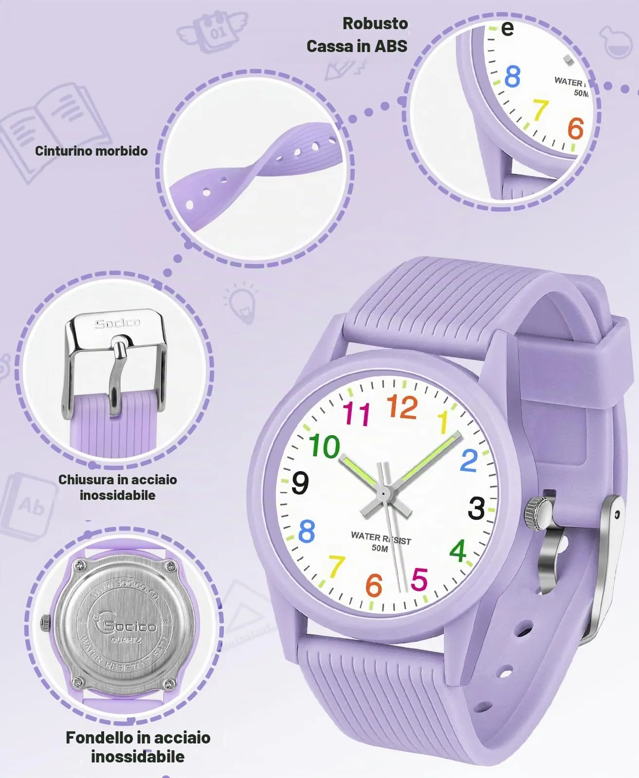 SOCICO Orologio Analogico per Bambini 4-12 Anni, Impermeabile 50m, SOCI-6088 - immagine 4