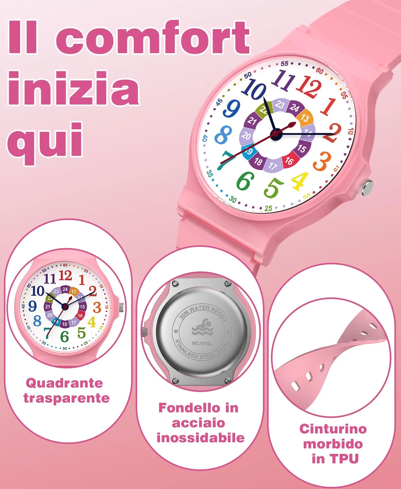SOCICO Orologio Analogico Sportivo Impermeabile 30m per Bambini 5-15 Anni SOC-1010L Mimetizzazione Rosa Colorato - immagine 3