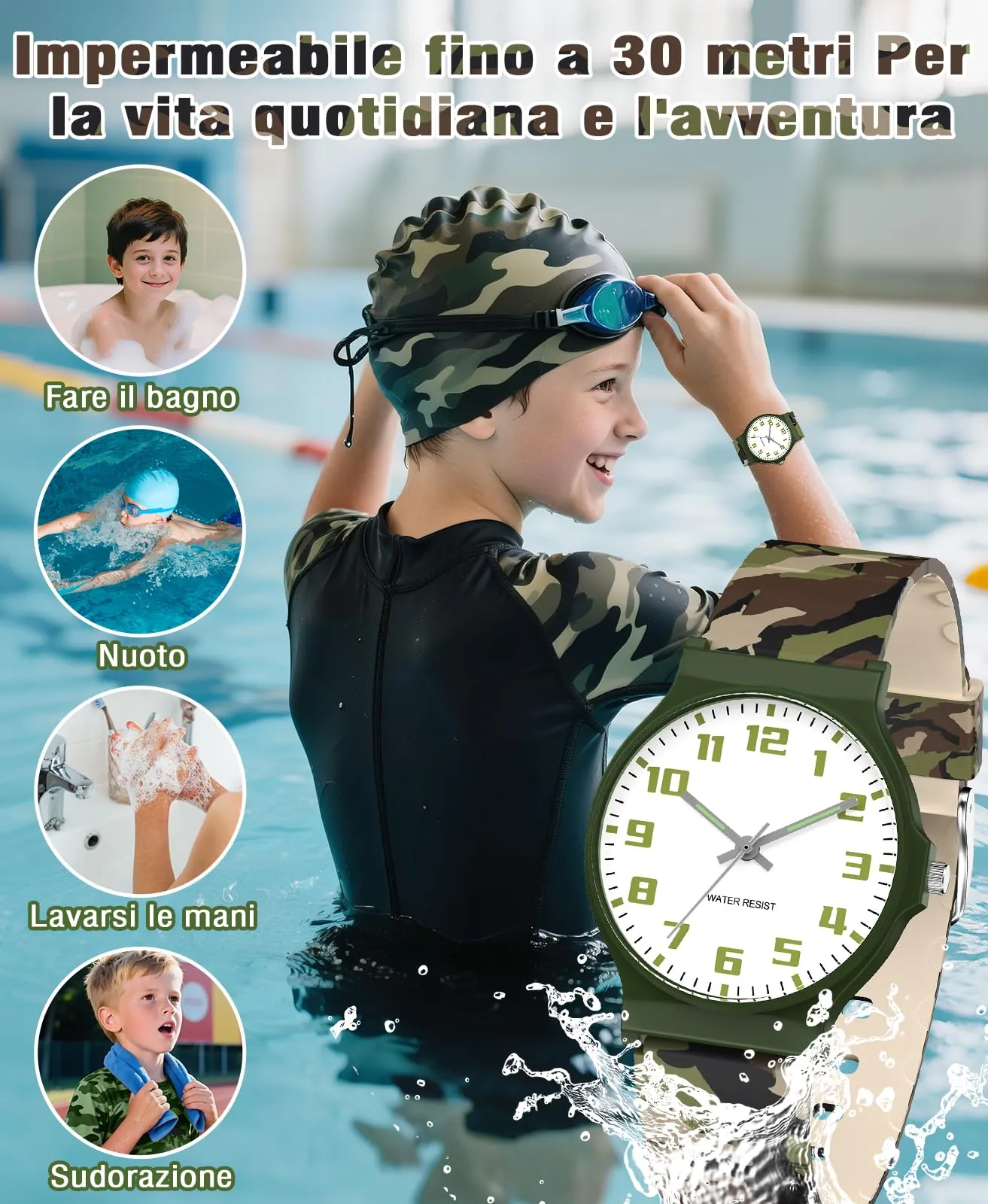 SOCICO Orologio Analogico Sportivo Impermeabile 30m per Bambini 5-15 Anni, Mimetizzazione, SOC-1010L - immagine 2