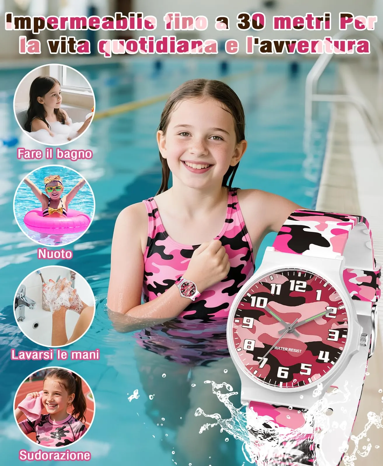 SOCICO Orologio Analogico Sportivo Impermeabile 30m per Bambini 5-15 Anni, SOC-1010L, Bianco Mimetico - immagine 2