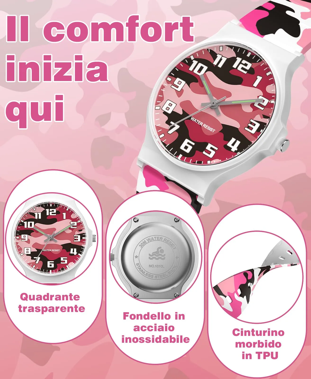 SOCICO Orologio Analogico Sportivo Impermeabile 30m per Bambini 5-15 Anni, SOC-1010L, Bianco Mimetico - immagine 4