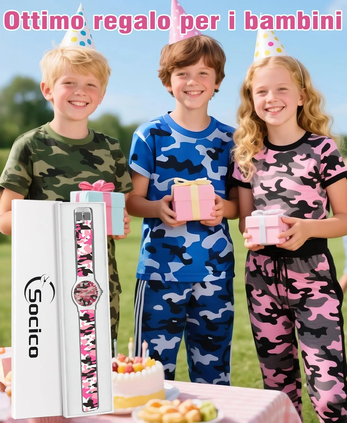 SOCICO Orologio Analogico Sportivo Impermeabile 30m per Bambini 5-15 Anni, SOC-1010L, Bianco Mimetico - immagine 6