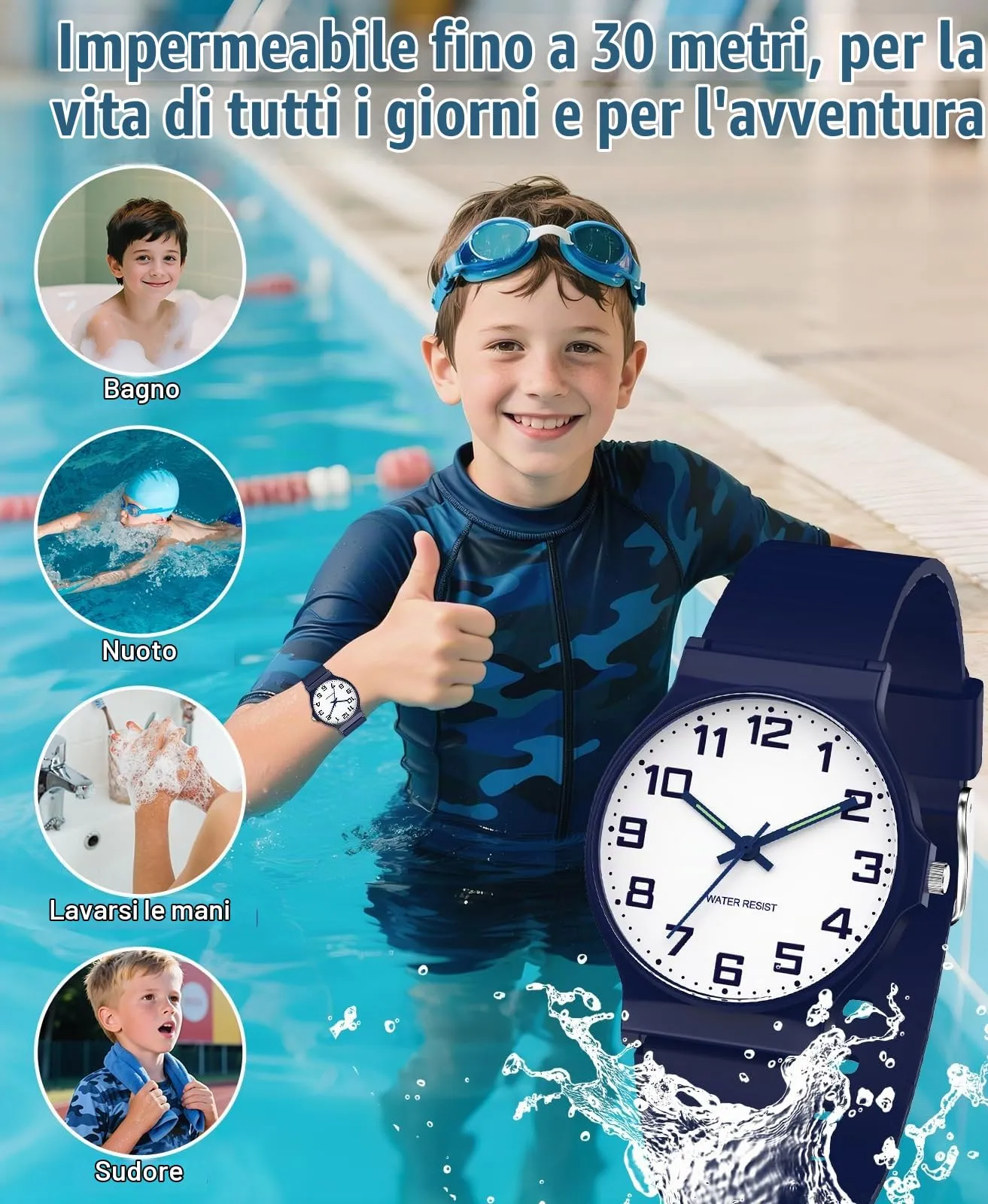 SOCICO Orologio Analogico Sportivo per Bambini 5-15 Anni, Resistente all'Acqua 30M, Blu Navy - immagine 2