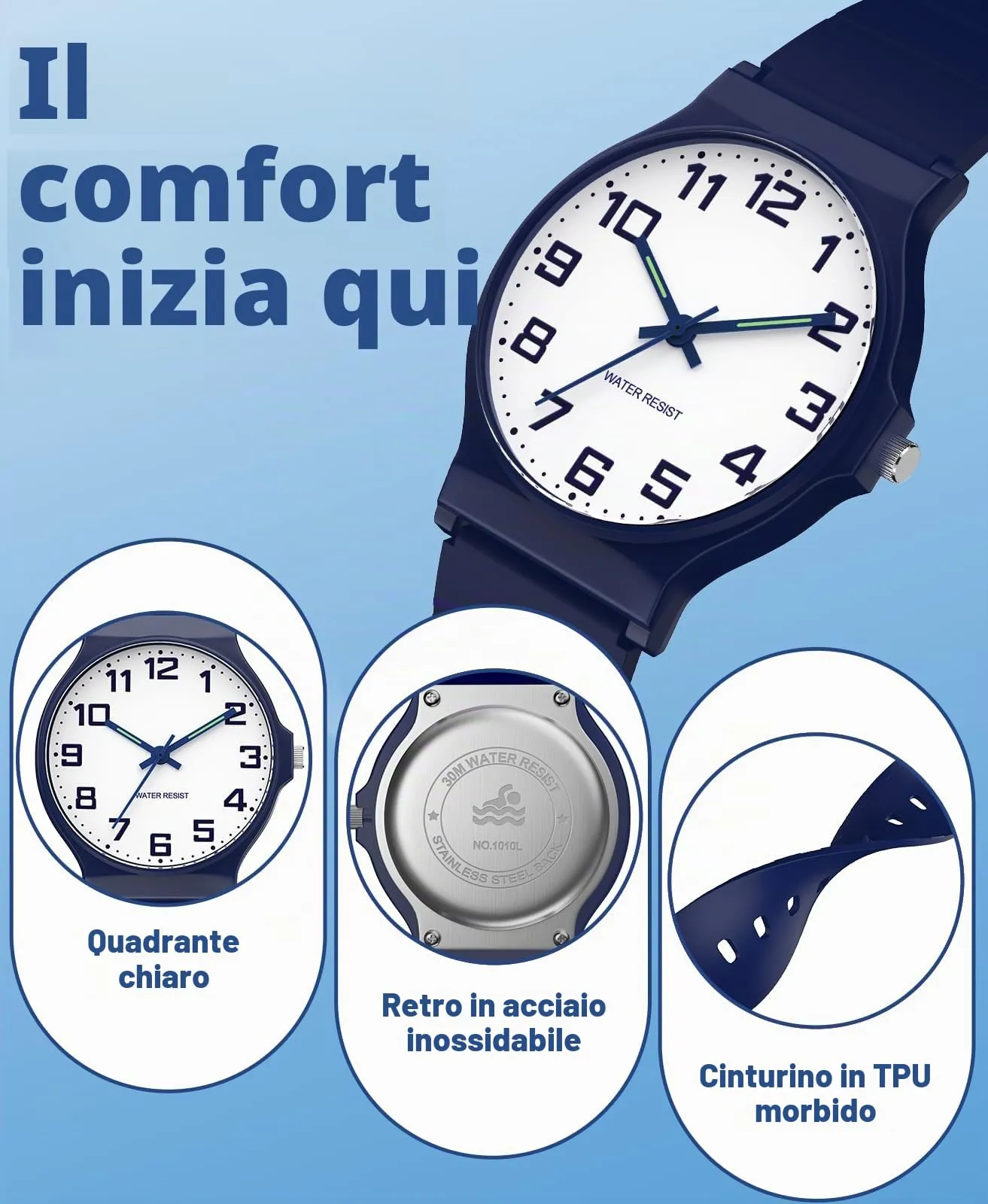 SOCICO Orologio Analogico Sportivo per Bambini 5-15 Anni, Resistente all'Acqua 30M, Blu Navy - immagine 4