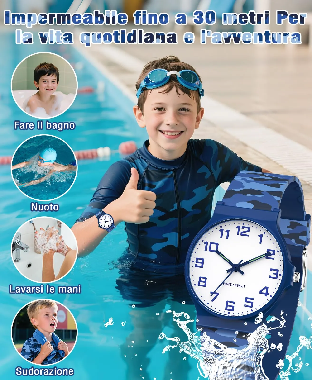 SOCICO Orologio Analogico Sportivo Impermeabile 30m per Bambini 5-15 Anni, Blu Mimetico, SOC-1010L - immagine 2