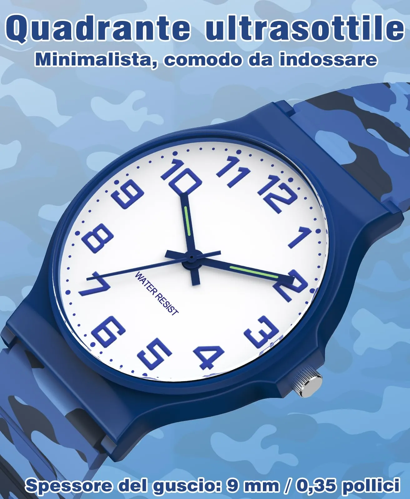 SOCICO Orologio Analogico Sportivo Impermeabile 30m per Bambini 5-15 Anni, Blu Mimetico, SOC-1010L - immagine 3