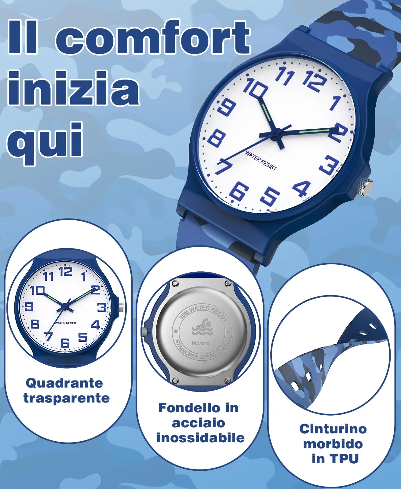 SOCICO Orologio Analogico Sportivo Impermeabile 30m per Bambini 5-15 Anni, Blu Mimetico, SOC-1010L - immagine 4