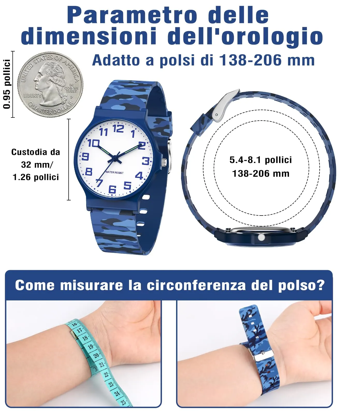 SOCICO Orologio Analogico Sportivo Impermeabile 30m per Bambini 5-15 Anni, Blu Mimetico, SOC-1010L - immagine 5