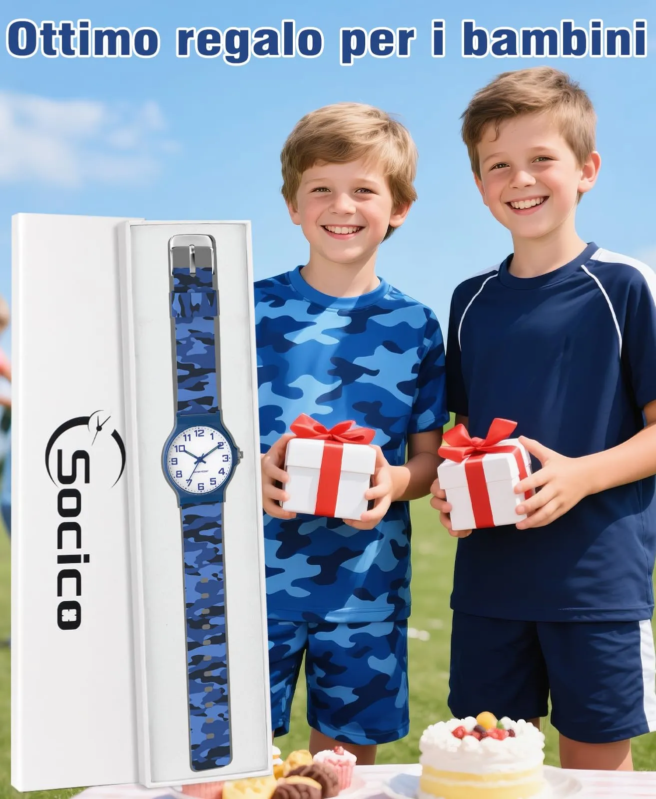 SOCICO Orologio Analogico Sportivo Impermeabile 30m per Bambini 5-15 Anni, Blu Mimetico, SOC-1010L - immagine 6