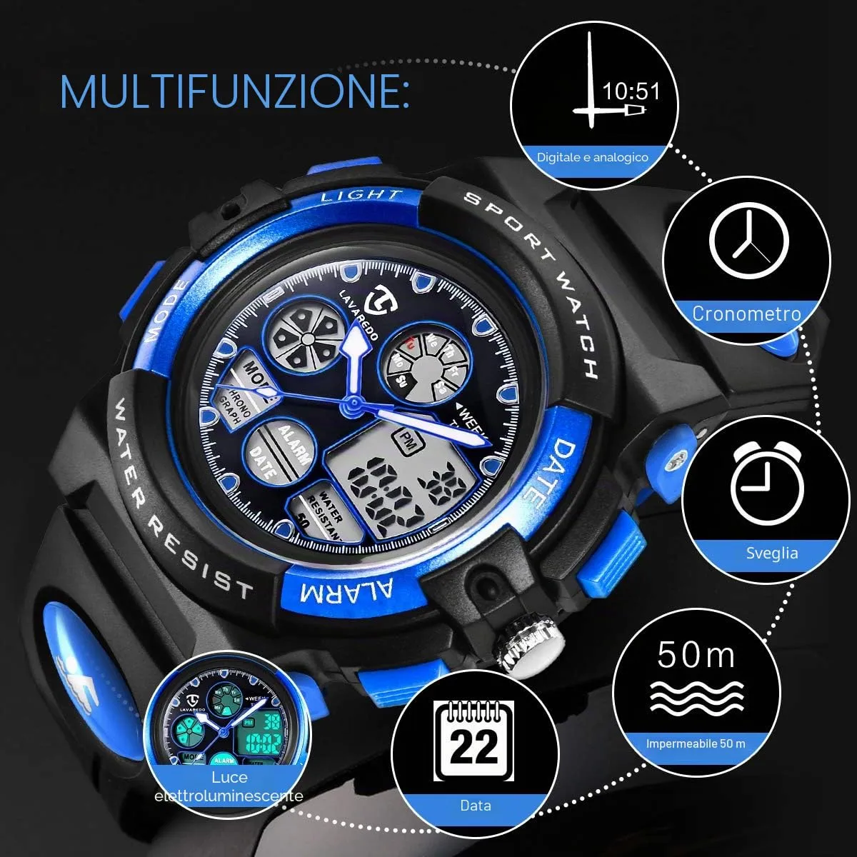 aswan watch Orologio Digitale Multifunzione per Bambini, Impermeabile, Luce LED - immagine 3