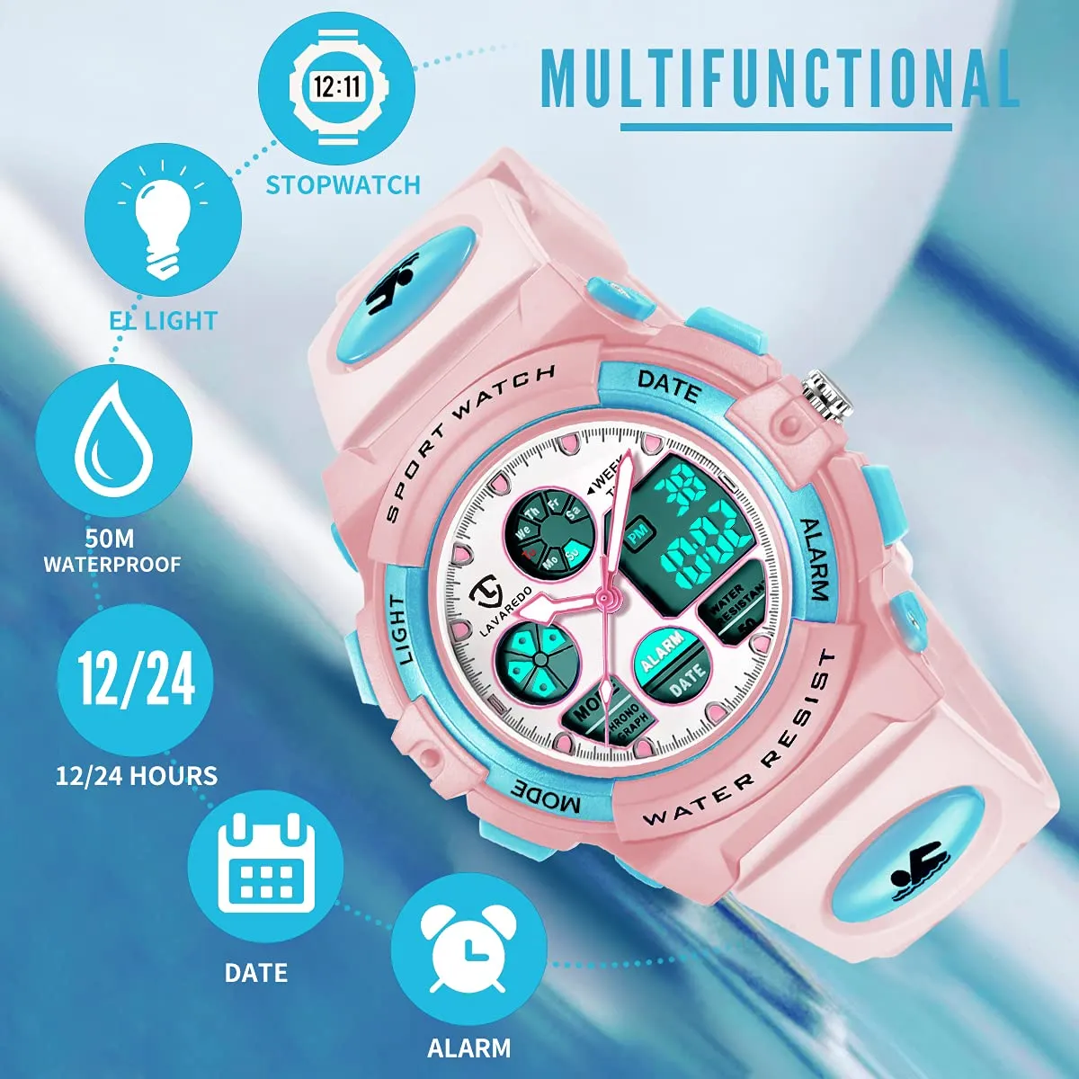 aswan watch Orologio Digitale Multifunzione per Bambini, Impermeabile 5 ATM, Luce LED - immagine 3