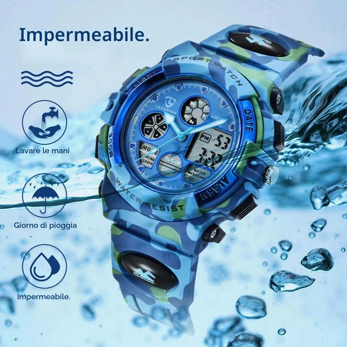 aswan watch Orologio Digitale Multifunzione per Bambini, Impermeabile, Luce LED - immagine 2