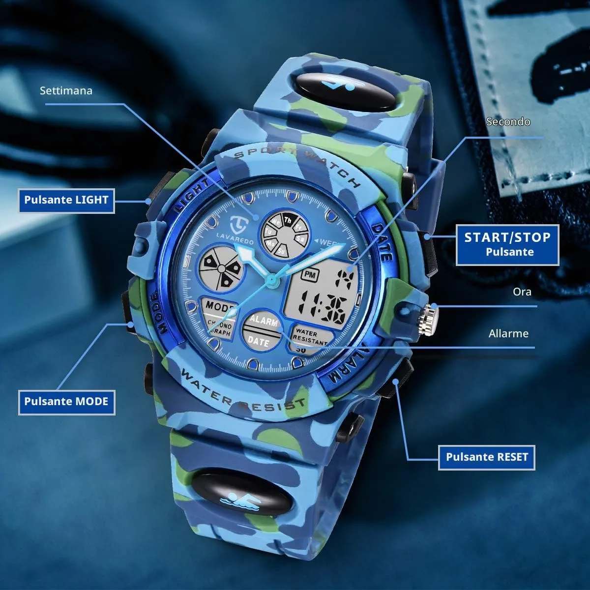 aswan watch Orologio Digitale Multifunzione per Bambini, Impermeabile, Luce LED - immagine 5