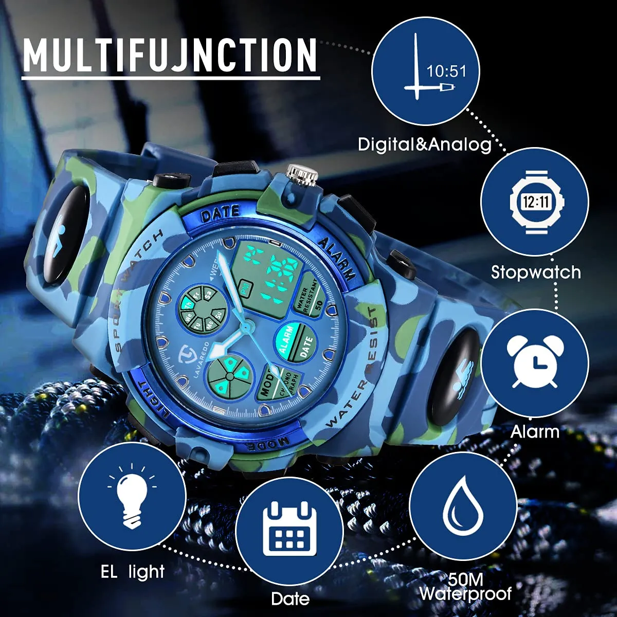 aswan watch Orologio Digitale Multifunzione per Bambini, Impermeabile, Luce LED - immagine 7