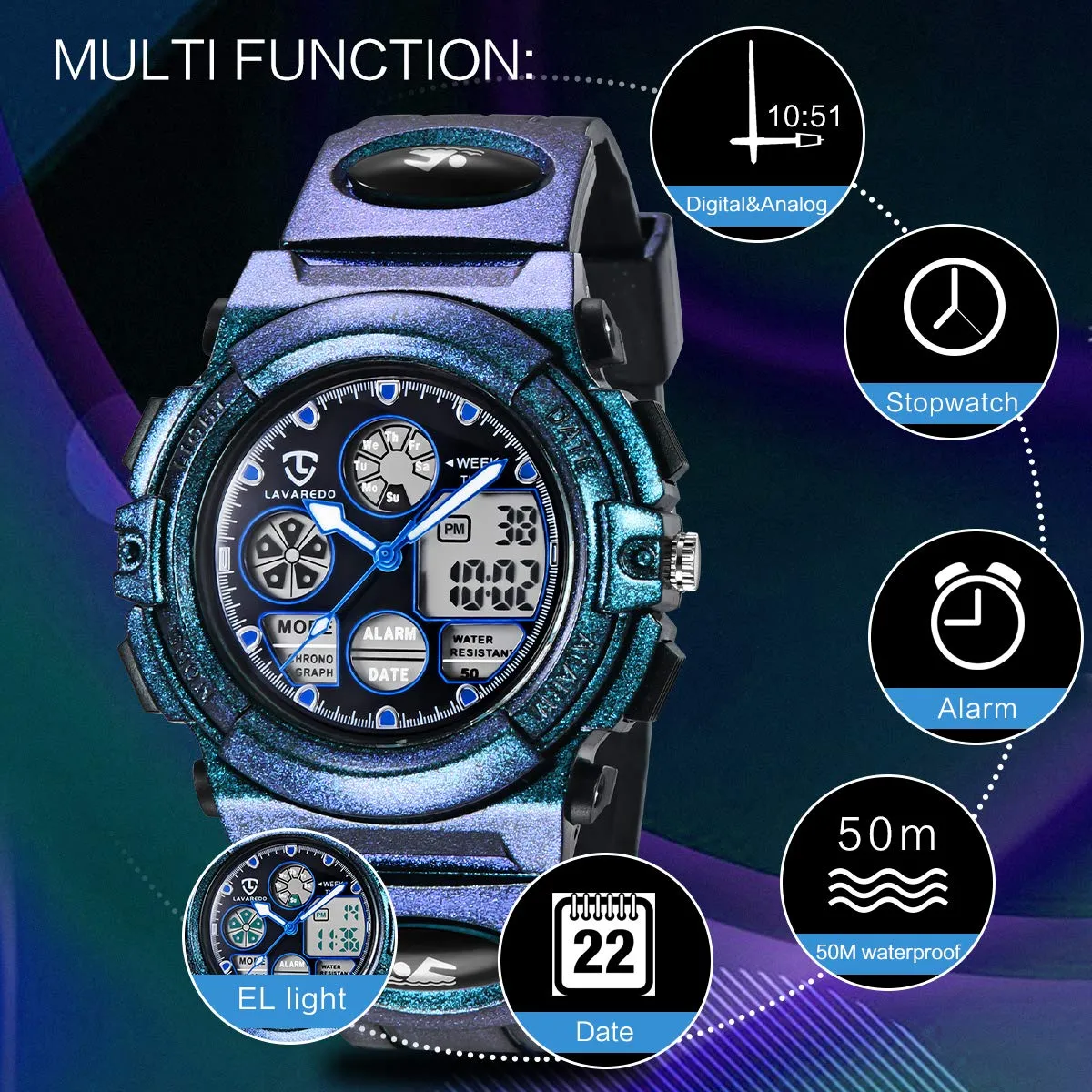 aswan watch Orologio Digitale Multifunzione per Bambini, Impermeabile 5 ATM, Luce LED - immagine 4