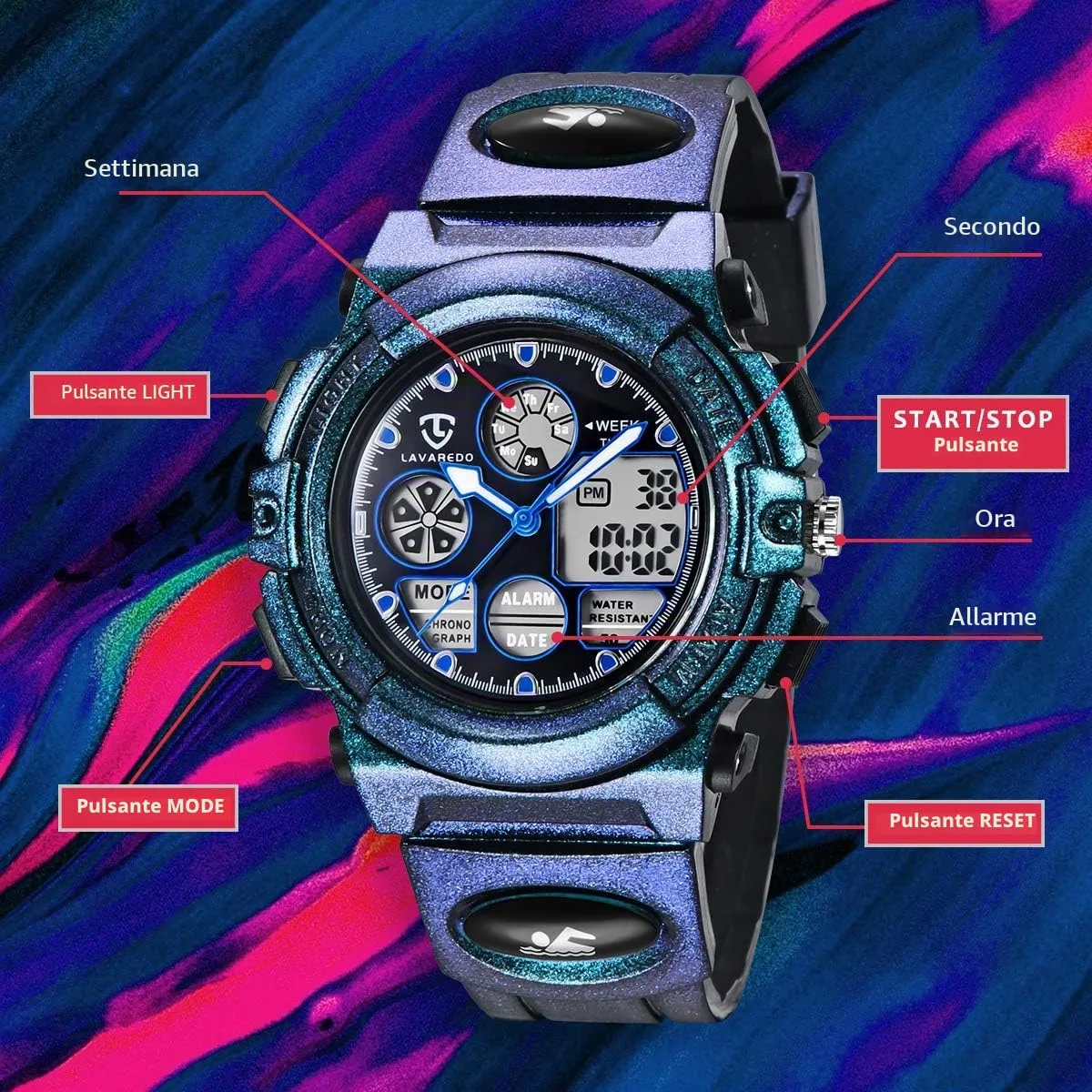 aswan watch Orologio Digitale Multifunzione per Bambini, Impermeabile 5 ATM, Luce LED - immagine 6