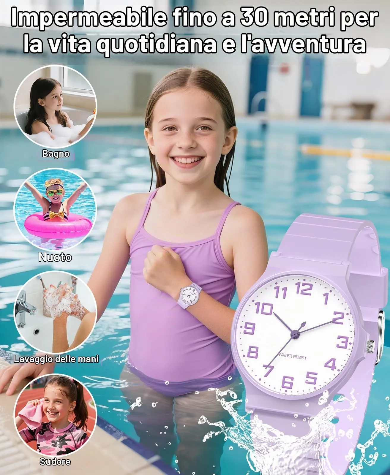 SOCICO Orologio analogico sportivo resistente all'acqua per bambini 5-15 anni, Viola-bianco - immagine 2