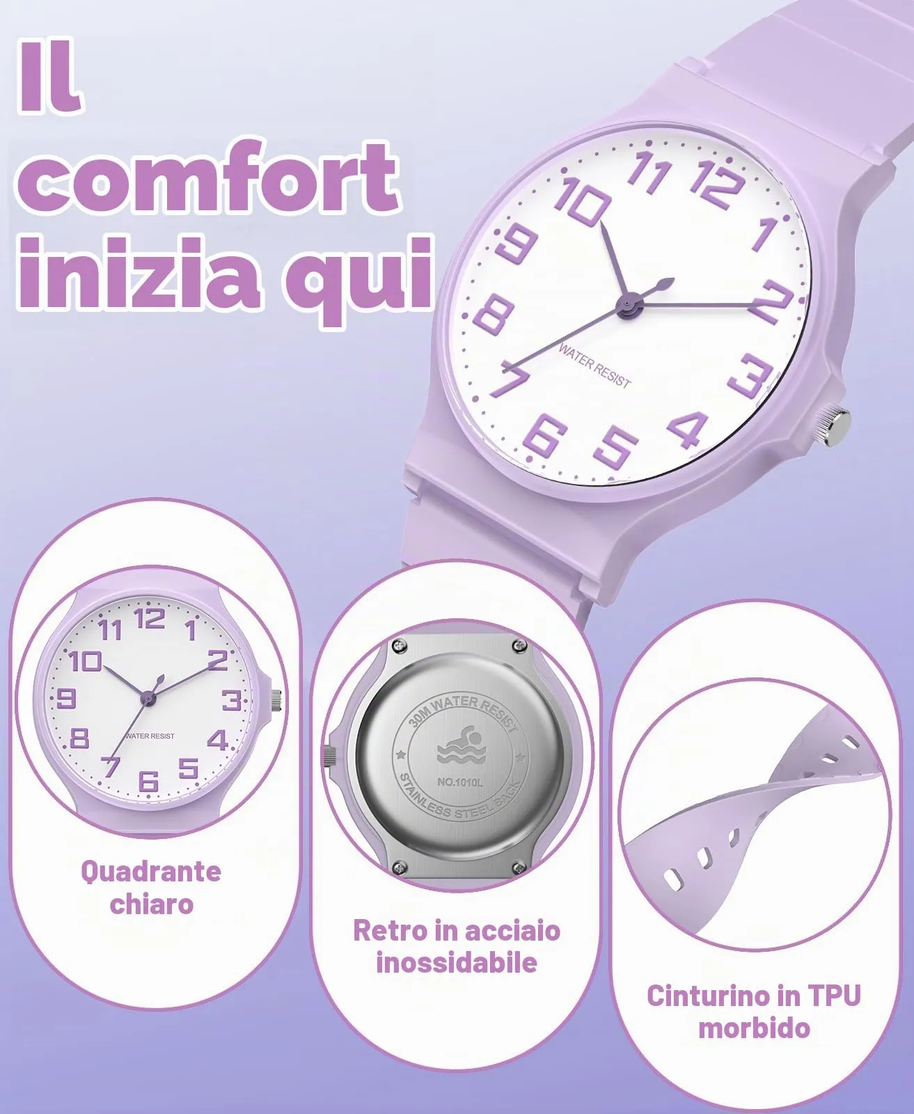 SOCICO Orologio analogico sportivo resistente all'acqua per bambini 5-15 anni, Viola-bianco - immagine 4