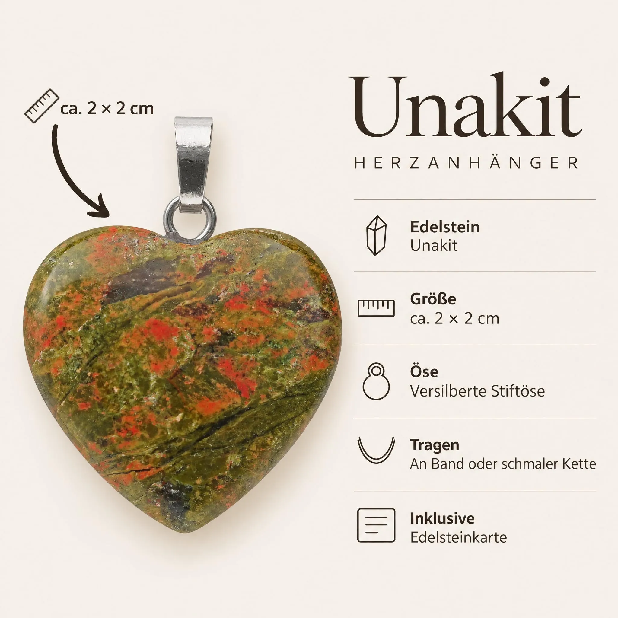 Lebensquelle Plus Ciondolo a cuore in vera pietra Unakite 2x2 cm - immagine 4