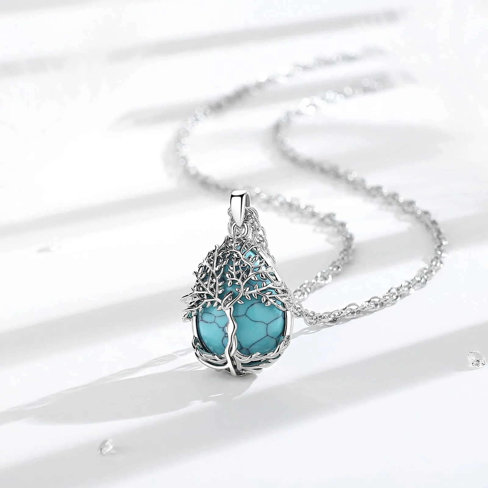 AEONSLOVE Collana Albero della Vita con Ciondolo in Turchese e Rame Placcato Argento - immagine 2