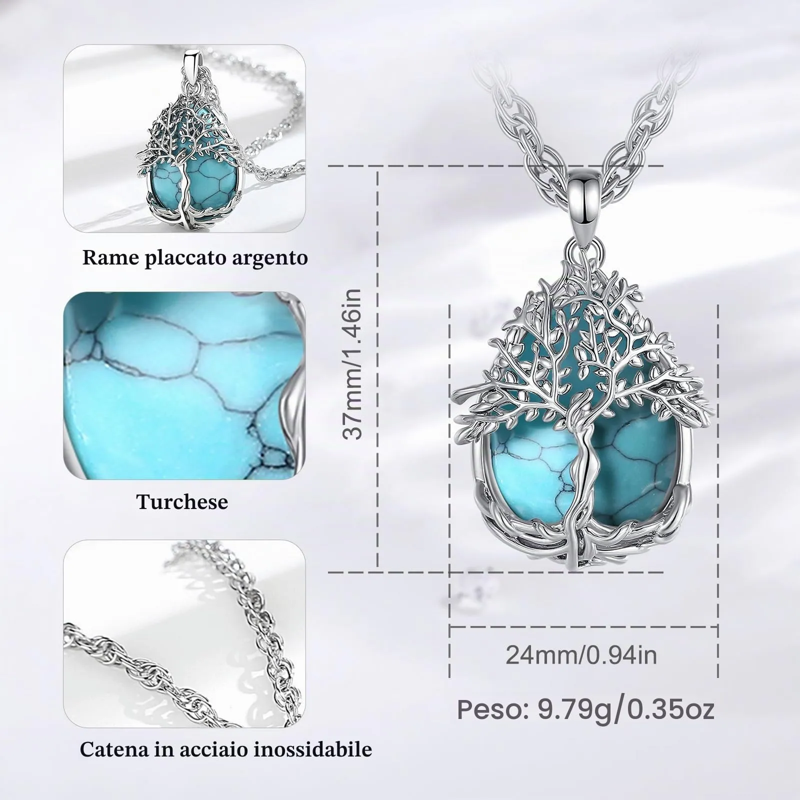 AEONSLOVE Collana Albero della Vita con Ciondolo in Turchese e Rame Placcato Argento - immagine 4