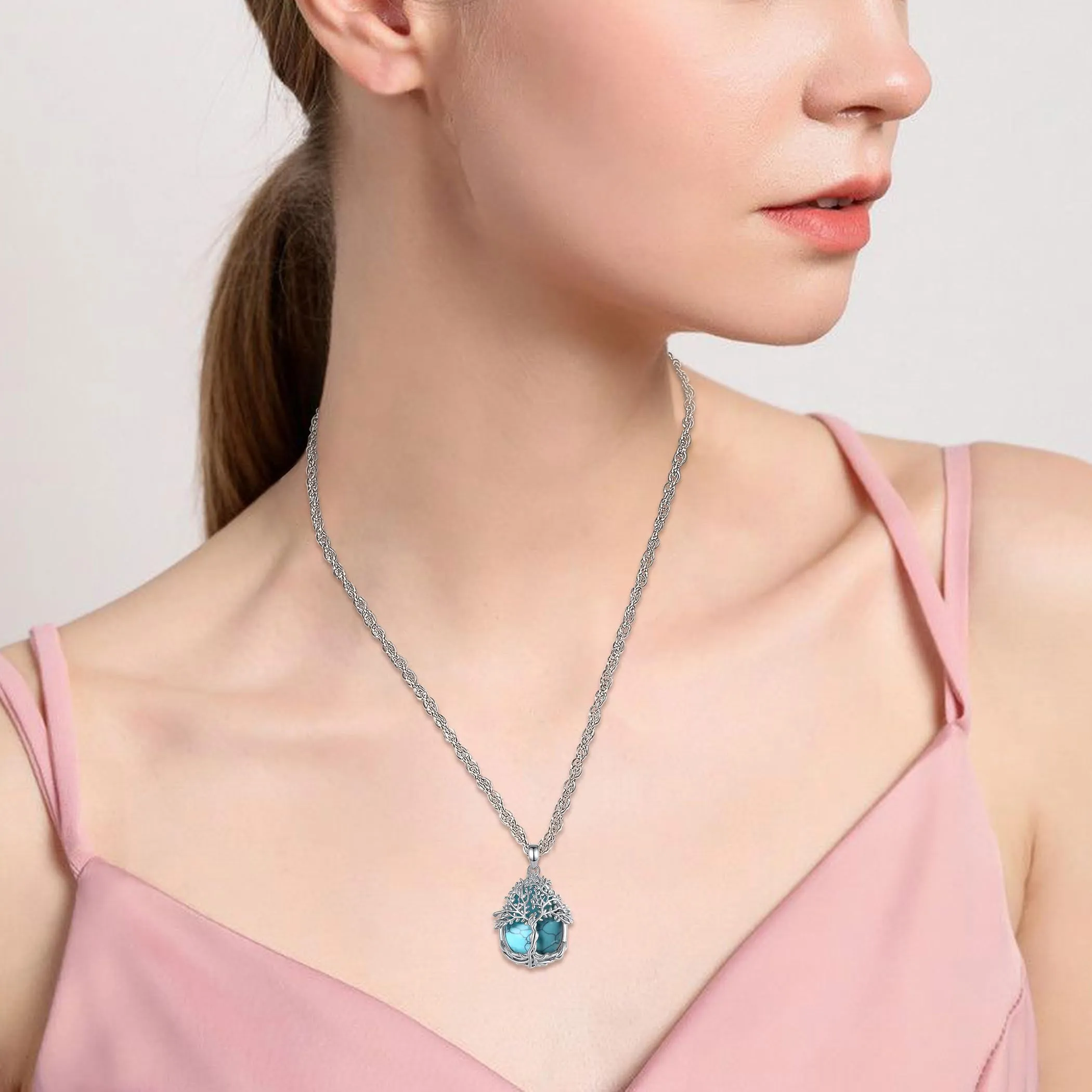 AEONSLOVE Collana Albero della Vita con Ciondolo in Turchese e Rame Placcato Argento - immagine 5