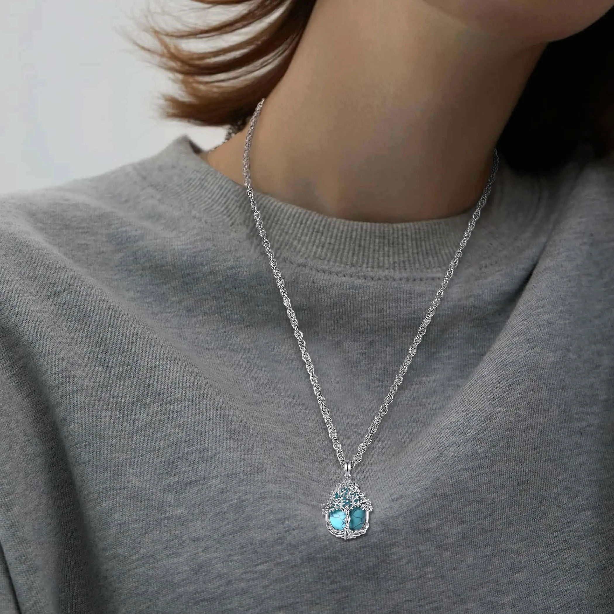 AEONSLOVE Collana Albero della Vita con Ciondolo in Turchese e Rame Placcato Argento - immagine 6
