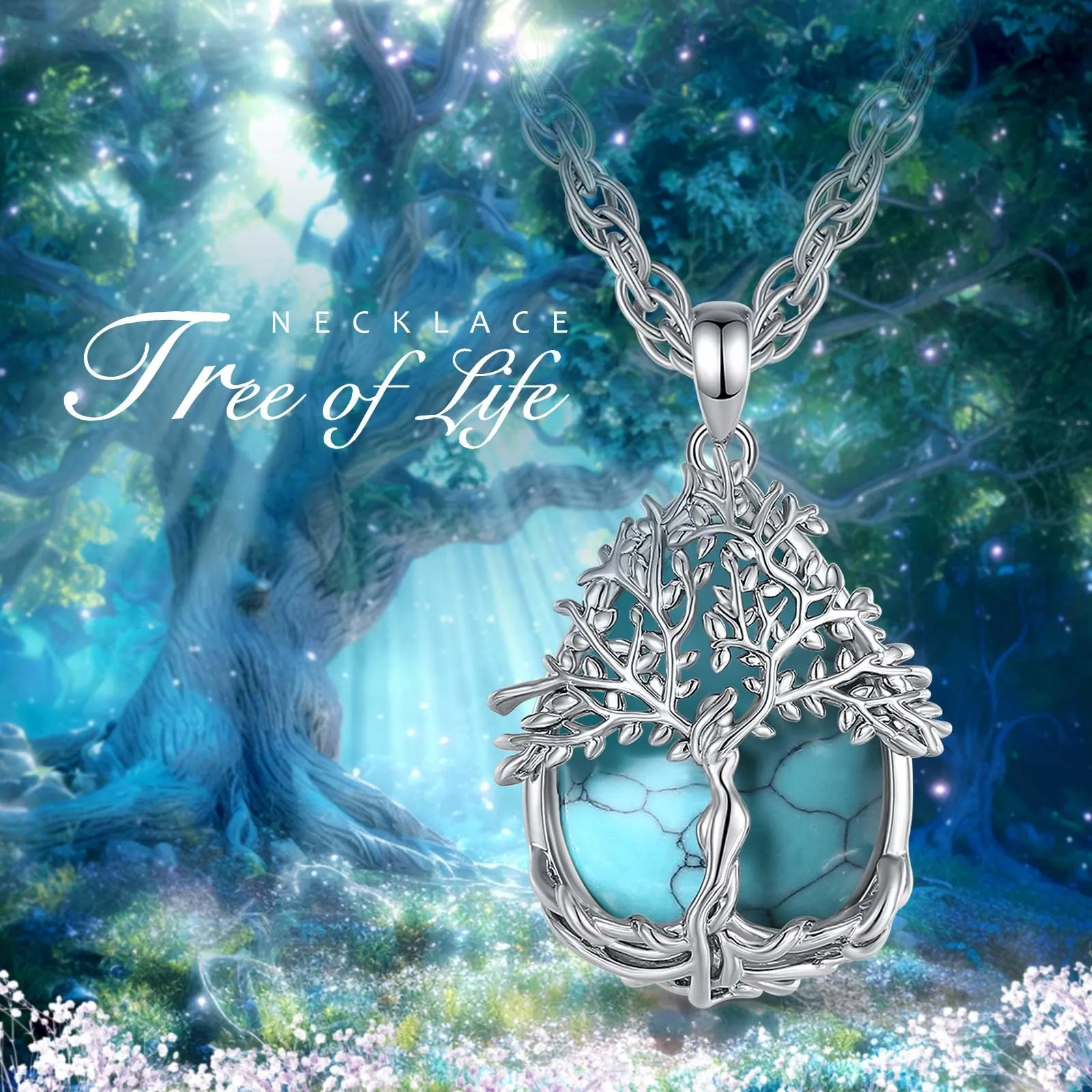 AEONSLOVE Collana Albero della Vita con Ciondolo in Turchese e Rame Placcato Argento - immagine 7