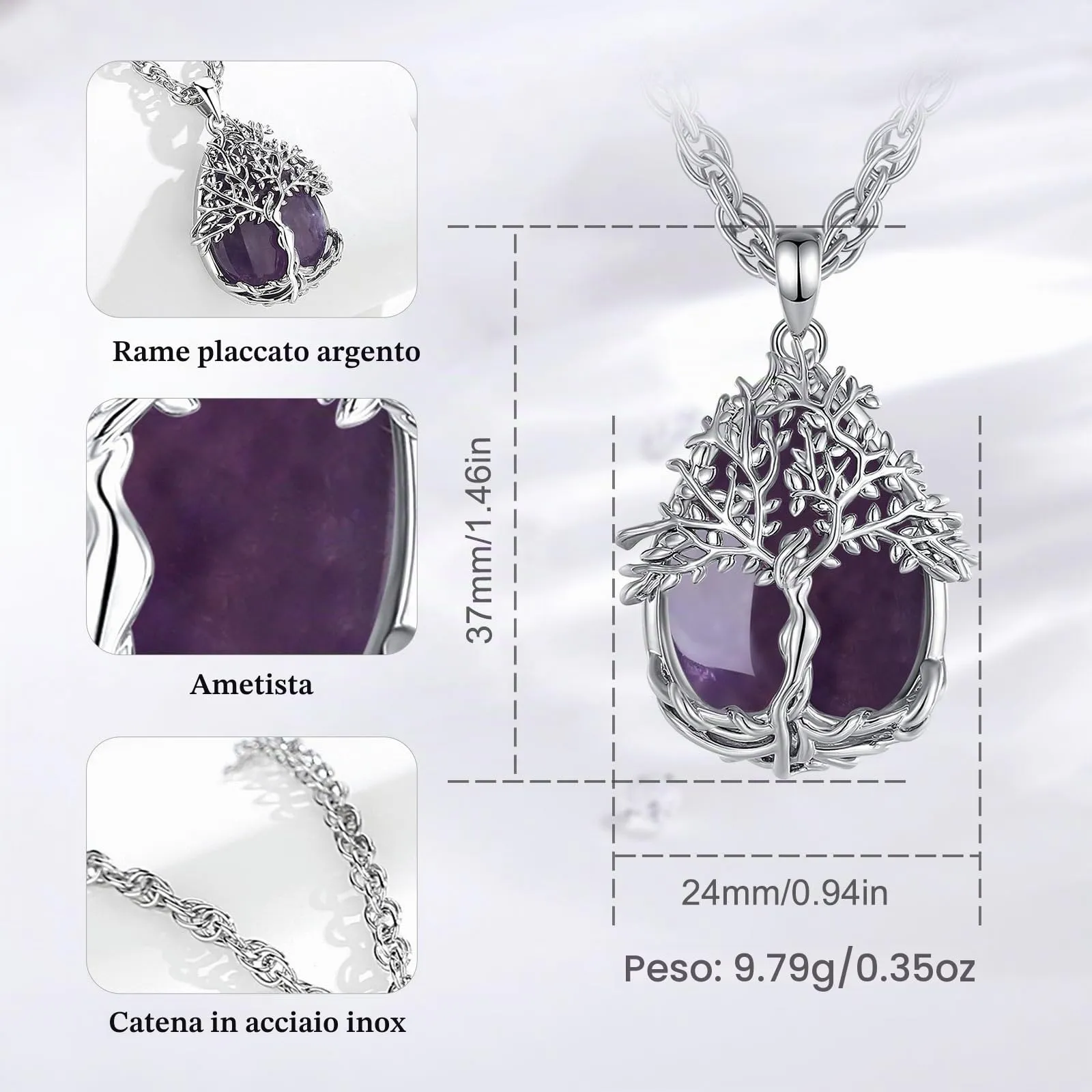 AEONSLOVE Collana Albero della Vita Donna con Ametista Pietra Naturale - immagine 4